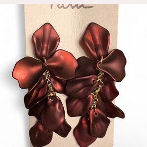 I Am Brand Burgundy Petal Drop Earrings with Gold Chain Detail
